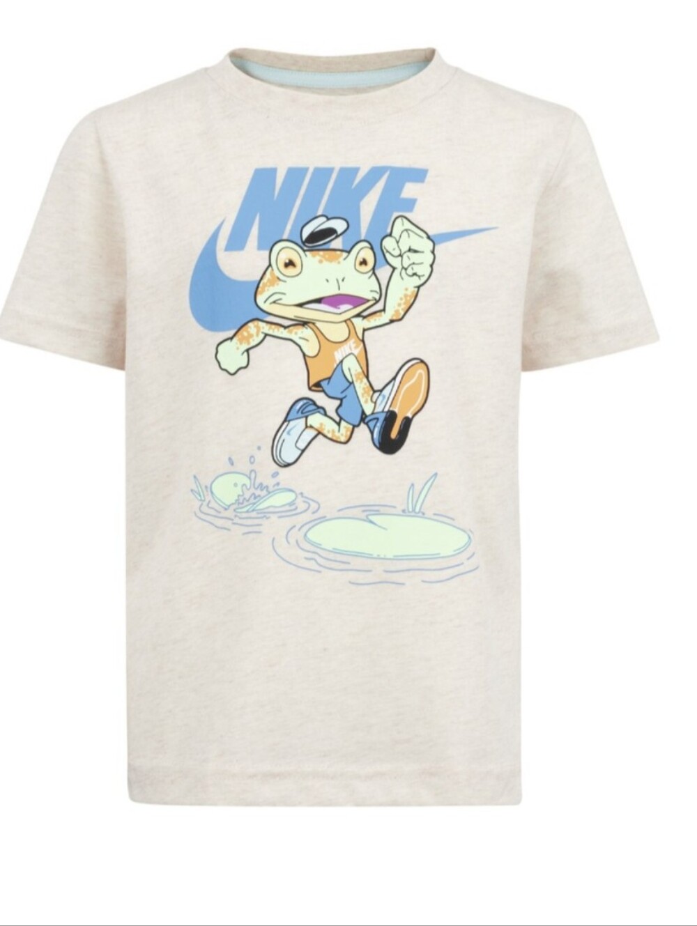 Nike Kids Cream Short Sleeve Tee with Blue Logo and Frog Jumping Thru Puddle